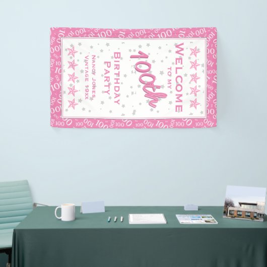 Welkom bij mijn 100e verjaardag - Roze/Wit Spandoek (Beurs)