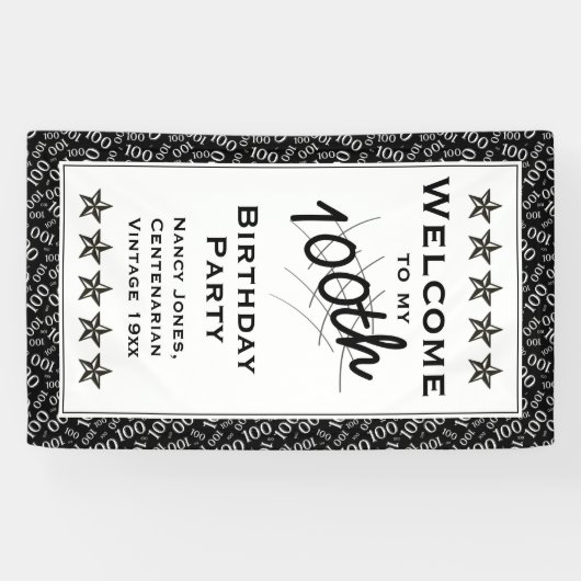 Welkom bij mijn 100e verjaardag: zwart/wit spandoek (Horizontaal)