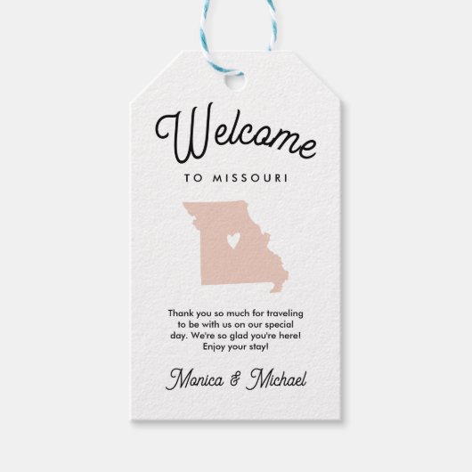 Welkom bij MISSOURI Wedding OM HET EVEN WELKE KLEU Cadeaulabel (Voorkant)