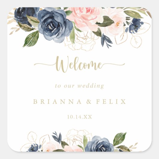 Welkom bij Navy Blush Floral Gold Wedding Vierkante Sticker (Voorkant)