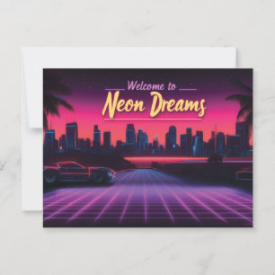 Welkom bij Neon Dreams - Retro Wave Cityscape Briefkaart