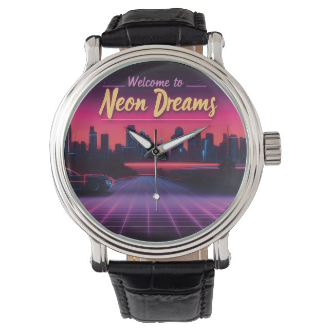Welkom bij Neon Dreams - Retro Wave Cityscape Horloge (Voorkant)