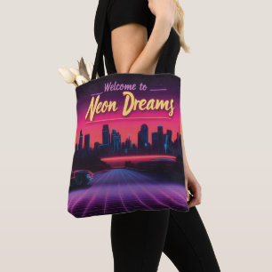 Welkom bij Neon Dreams - Retro Wave Cityscape Tote Bag