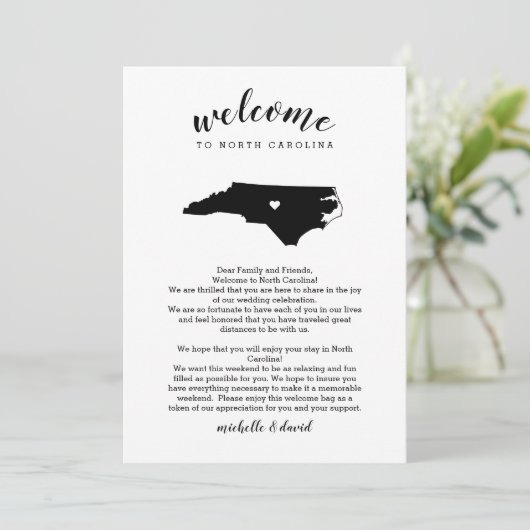 Welkom bij North Carolina Wedding Letter Itinerary (Staand voorkant)