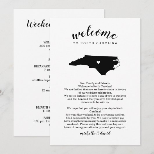 Welkom bij North Carolina Wedding Letter Itinerary (Voorkant / Achterkant)