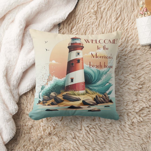 Welkom bij ons Beach House Lighthouse afbeelding,  Kussen (Deken)