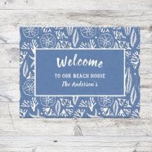 Welkom bij ons Beach House Navy-Blue Hand-Drawn