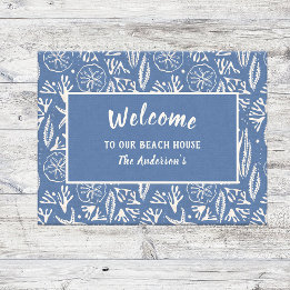 Welkom bij ons Beach House Navy-Blue Hand-Drawn Deurmat