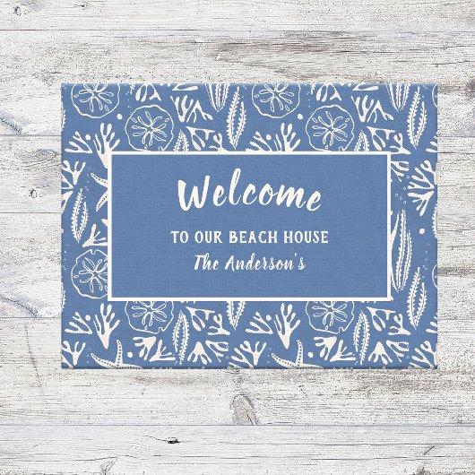 Welkom bij ons Beach House Navy-Blue Hand-Drawn Deurmat