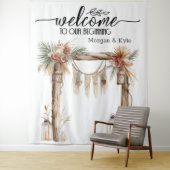Welkom bij Ons Begin – Rustieke Trouwdecoratie Wandkleed (In situ)