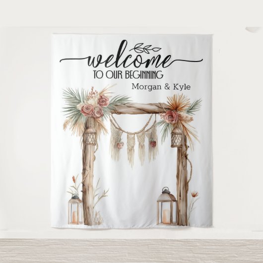 Welkom bij Ons Begin – Rustieke Trouwdecoratie Wandkleed (Voorkant)
