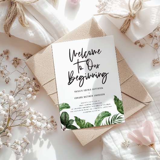 Welkom bij ons begin tropische foliage bruiloft aankondiging