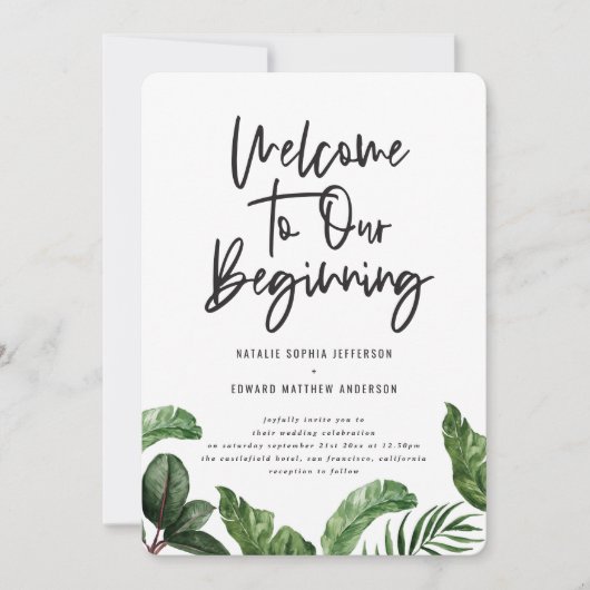 Welkom bij ons beginnende tropische gebladerte bru aankondiging (Voorkant)