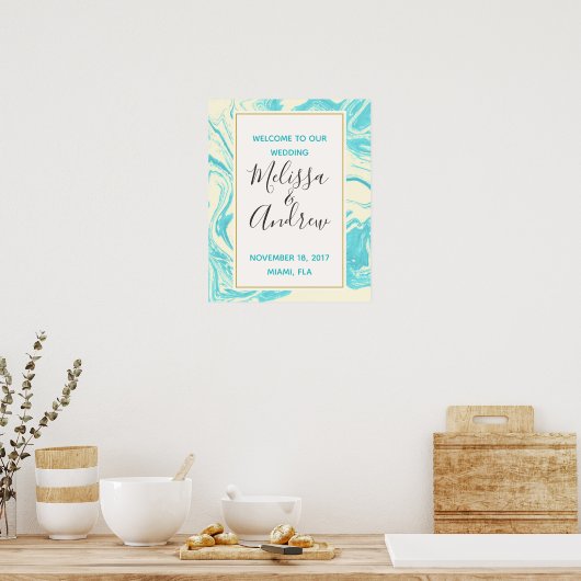 Welkom bij ons bruiloft Turquoise Marble Design Poster (Keuken)