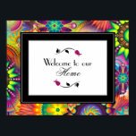 Welkom bij ons home Art Deco-patroon Poster<br><div class="desc">Welkom bij ons poster thuis in een kunstdecokunst-nieuwe-stijlpatroon. Een uitbarsting van gevarieerde bloemvormen en draaiende wielen in veel levendige en spannende kleuren. Veel verschillende vormen en patronen met blokjes en cirkels en meer overlapping in dit nieuwe sierpatroon met gestileerde vormgeving. Een verscheidenheid aan heldere en gedurfde kleuren geeft dit patroon...</div>