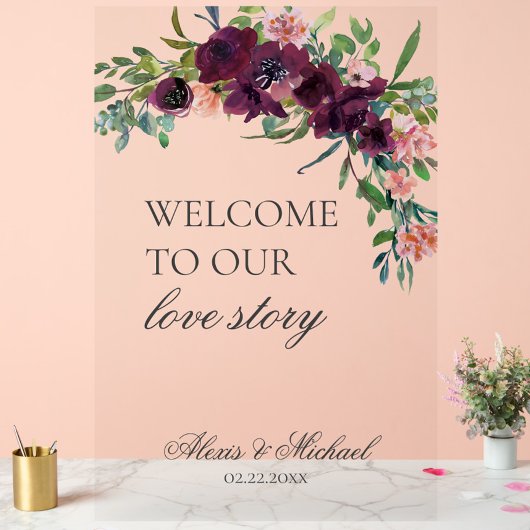 Welkom bij ons liefdesverhaal bloemenbruiloft acryl bord