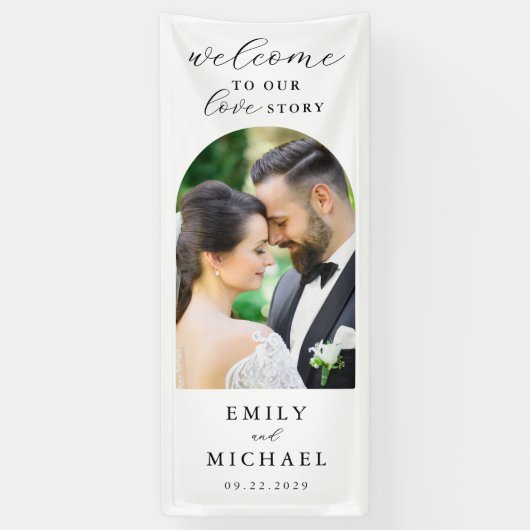 Welkom bij ons liefdesverhaal Elegante Fotobruilof Spandoek (Verticaal)