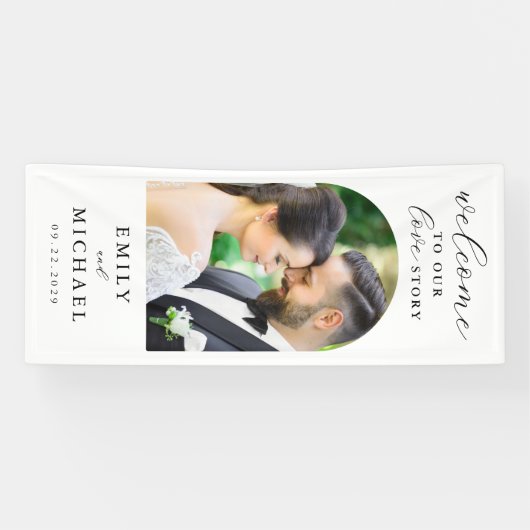 Welkom bij ons liefdesverhaal Elegante Fotobruilof Spandoek (Horizontaal)