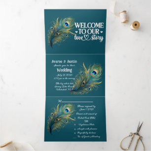 Welkom bij ons liefdesverhaal Peacock Dark Blue Gr Drieluik Uitnodiging