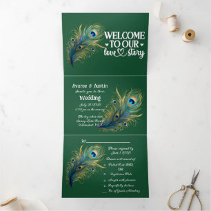 Welkom bij ons liefdesverhaal Peacock Dark Green Drieluik Uitnodiging