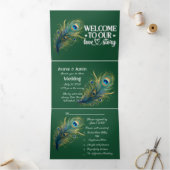 Welkom bij ons liefdesverhaal Peacock Dark Green Drieluik Uitnodiging (Binnen)