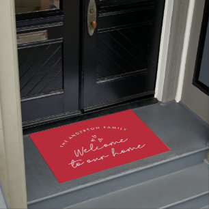 Welkom bij ons moderne script rood en wit deurmat