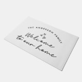 Welkom bij ons moderne script zwart-wit deurmat (Schuin)