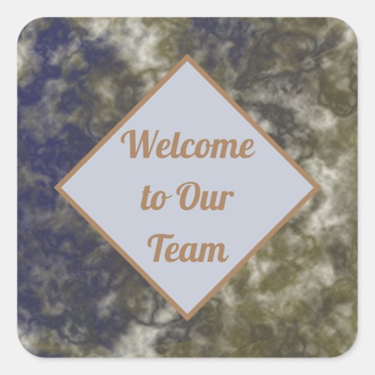 Welkom bij ons team met de blauwe gouden nieuwe we vierkante sticker (Voorkant)