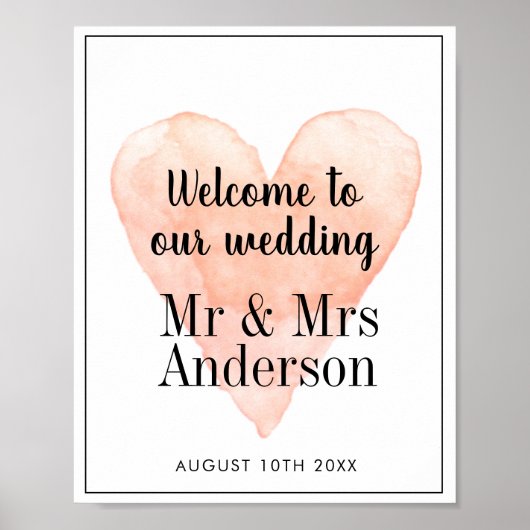 Welkom bij ons trouwkoraal waterverf hart poster (Voorkant)