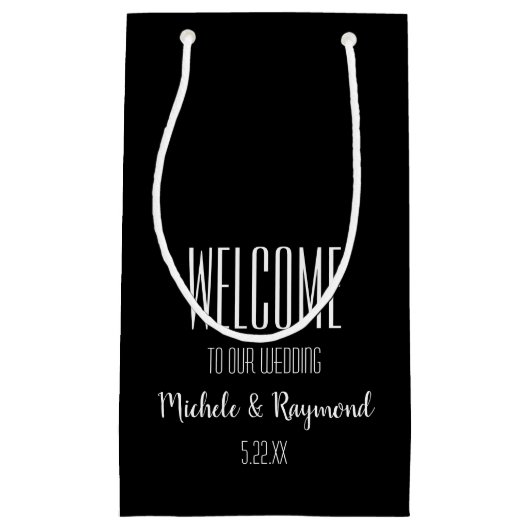 Welkom bij onze bruiloft, BLACK Gift Bags KLEIN Klein Cadeauzakje (Voorkant)