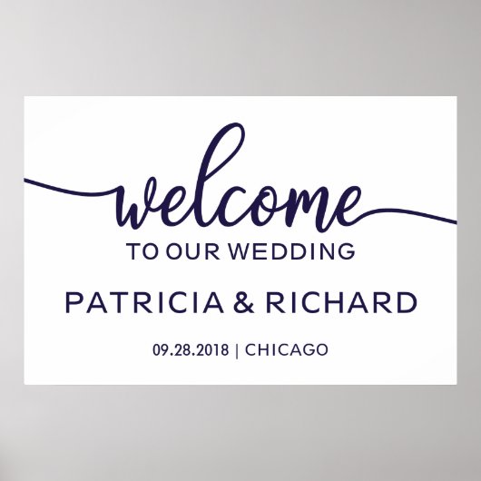Welkom bij onze bruiloft Chic Navy Blue 36x24 Sign Poster (Voorkant)