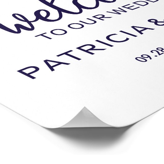 Welkom bij onze bruiloft Chic Navy Blue Sign Poster (Hoek)