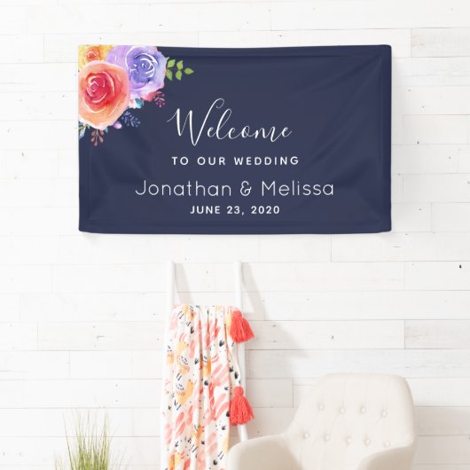 Welkom bij onze bruiloft  Floral Waterverf Spandoek (Insitu)