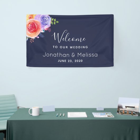 Welkom bij onze bruiloft  Floral Waterverf Spandoek (Beurs)
