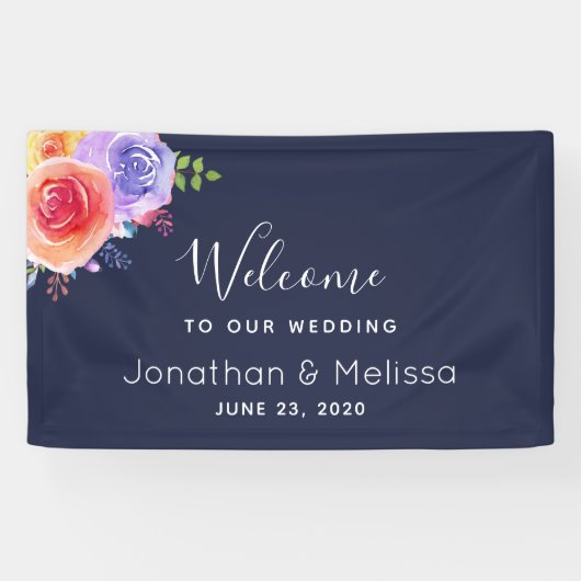 Welkom bij onze bruiloft  Floral Waterverf Spandoek (Horizontaal)