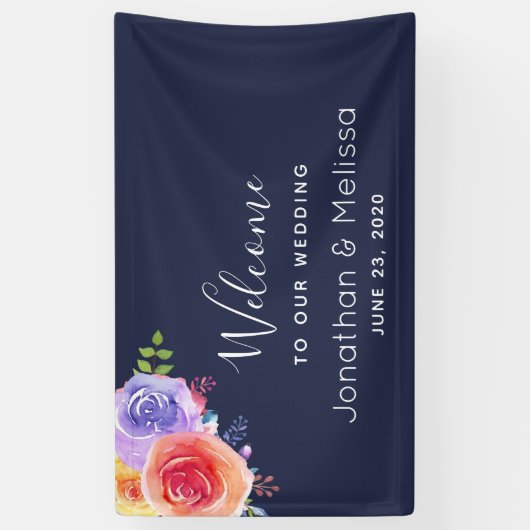 Welkom bij onze bruiloft  Floral Waterverf Spandoek (Verticaal)