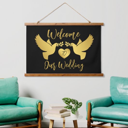 Welkom bij onze bruiloft Gold Doves Hangend Wandkleed (Woonkamer)