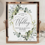 Welkom bij onze bruiloft Greenery Eucalyptus Sign Poster<br><div class="desc">Dit elegante ontwerp is voorzien van verschillende soorten waterverf eucalyptus, succulenten en groene elementen in een soort stoffige sage en blauw/grijs met een gekleurd gouden geometrische terrariumgrens met lijst. Uitzicht de verbinding van het collectie om andere grootte van dit ontwerp of de passende producten te vinden U kunt het volgende...</div>