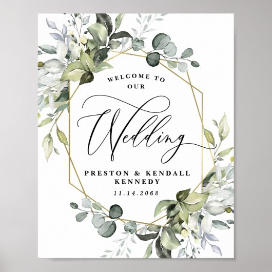 Welkom bij onze bruiloft Greenery Eucalyptus Sign Poster (Voorkant)