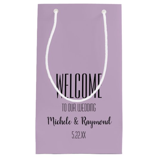 Welkom bij onze bruiloft lavendel cadeau tassen kl klein cadeauzakje (Voorkant)