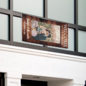 Welkom bij onze bruiloft met bruinhout spandoek (Buitenkant Gebouw)