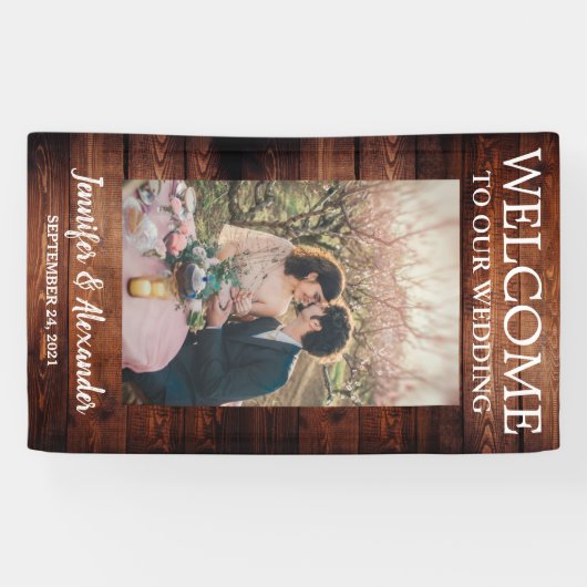 Welkom bij onze bruiloft met bruinhout spandoek (Horizontaal)