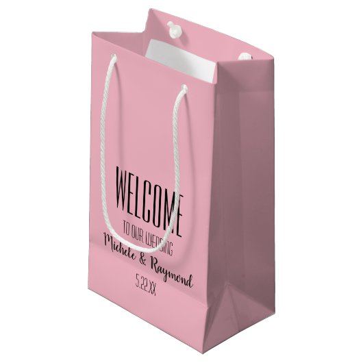 Welkom bij onze bruiloft PINK Gift Bags SMALL Klein Cadeauzakje (Voorkant Gekanteld)