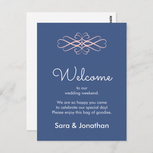 Welkom bij onze bruiloft roze en donkerblauw briefkaart (Voorkant / Achterkant)