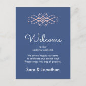 Welkom bij onze bruiloft roze en donkerblauw briefkaart (Voorkant)