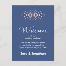 Welkom bij onze bruiloft roze en donkerblauw briefkaart