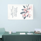 Welkom bij onze bruiloft roze en grijze bloemen Cl Spandoek (Beurs)