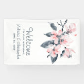 Welkom bij onze bruiloft roze en grijze bloemen Cl Spandoek (Horizontaal)