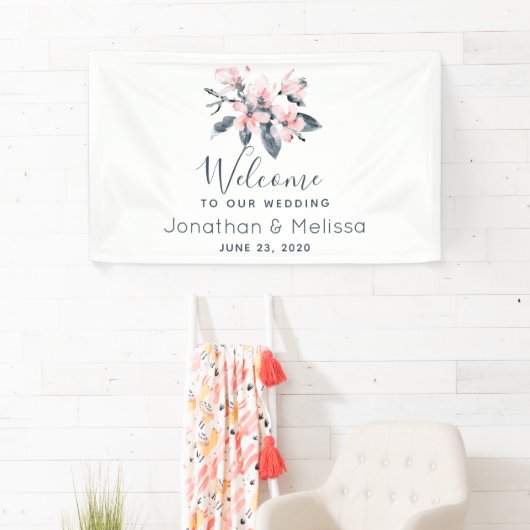 Welkom bij onze bruiloft roze en grijze bloemen Cl Spandoek (Insitu)