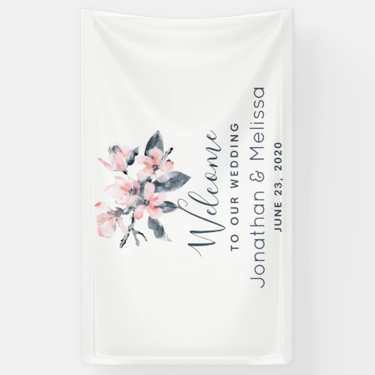 Welkom bij onze bruiloft roze en grijze bloemen Cl Spandoek (Verticaal)